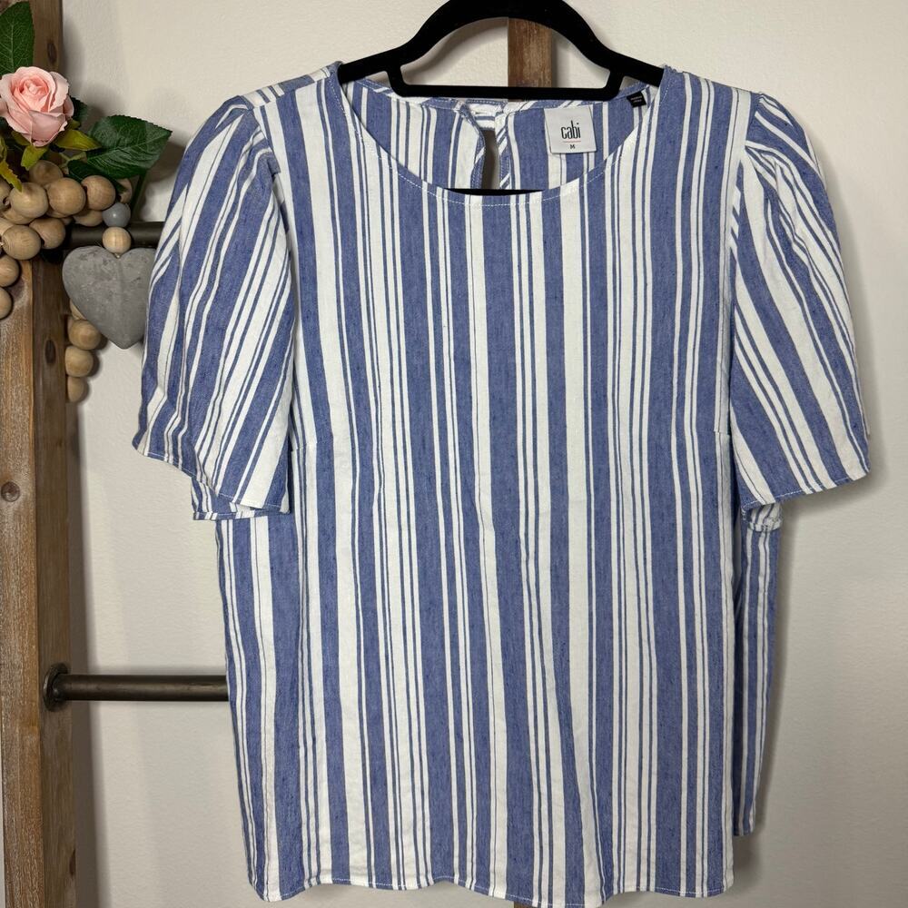 Cabi Style 5343 Blue White Short Sleeve Linen Blouse Size Medium - Picture 3 of 8